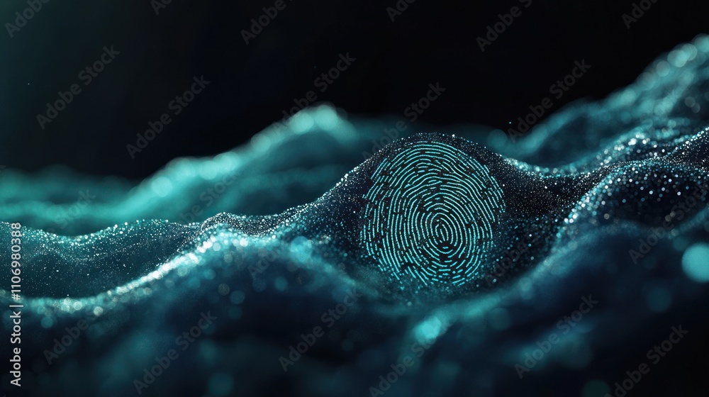 Poster A digital fingerprint embedded in a wave-like structure, symbolizing identity and technology.