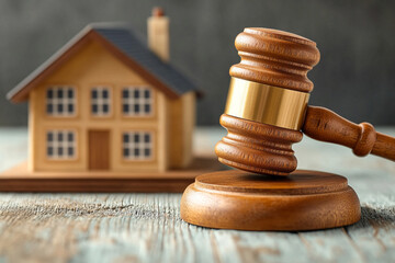 Concept for real estate auction or law. A hardwood gavel laying on a sound block next to a model house.