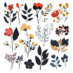 Colorful Nature Inspired Flowers and Leaves Set
