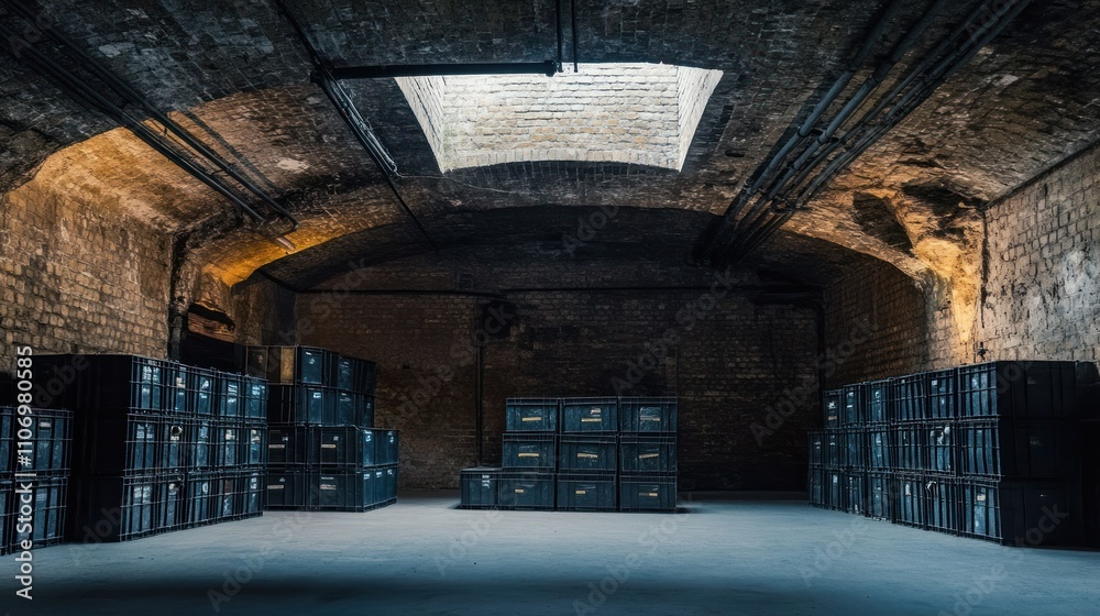 Aufkleber A dimly lit storage area with stacked crates and a skylight.