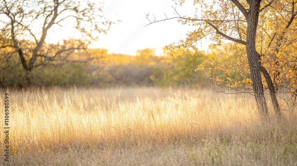 Poster a serene autumn landscape with golden grass and trees illuminated by soft sunlight.