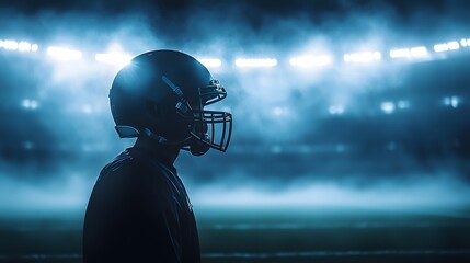 Dramatic Silhouette of a Football Player Wearing a Helmet Under Stadium Lights, Creating an Intense Atmosphere in a Foggy Sports Scene