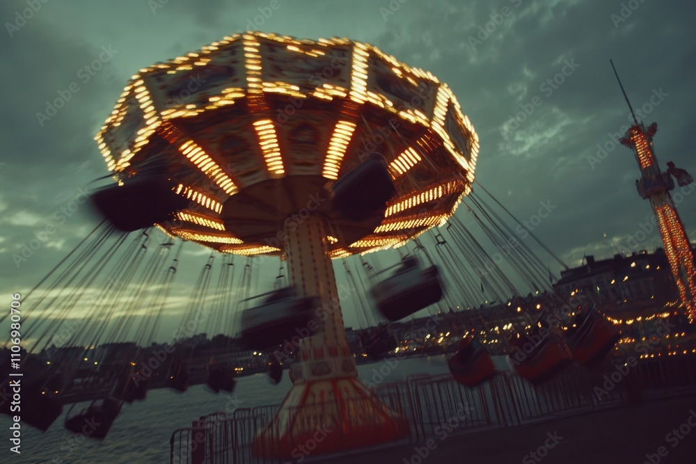 Aufkleber a spinning swing ride at dusk, illuminated with lights, creating a festive atmosphere.