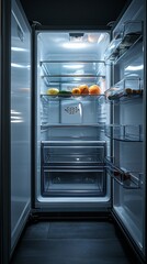 A well-organized refrigerator filled with fresh fruits and vegetables, showcasing food storage.