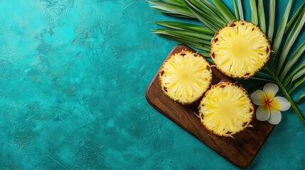 Fresh pineapple slices on wooden board surrounded by tropical leaves kitchen aesthetic view