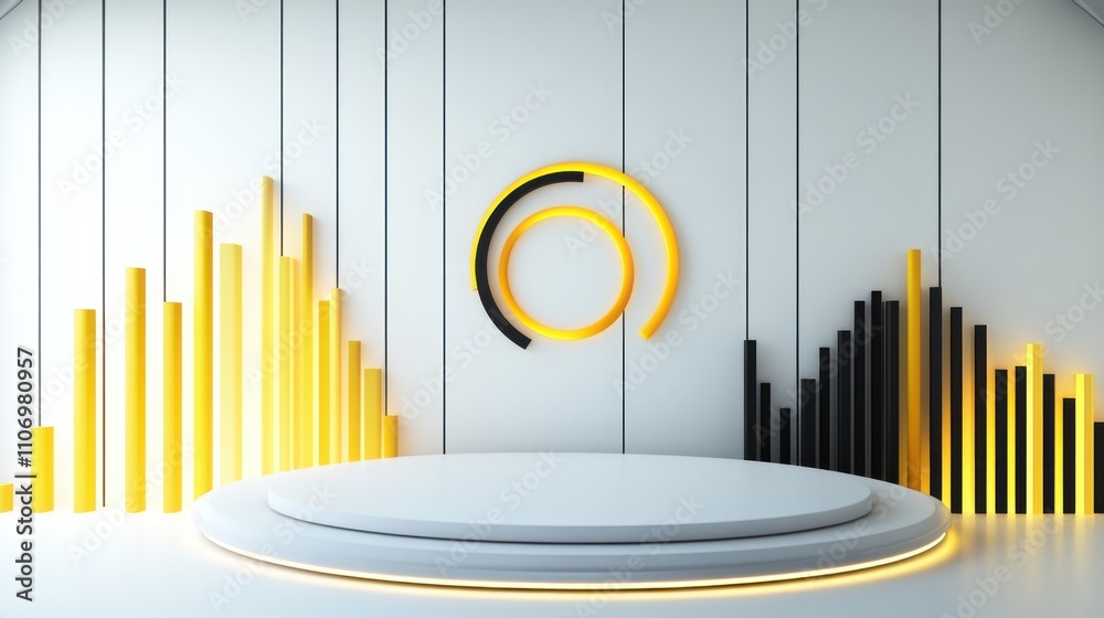 Aufkleber Modern stage design featuring circular and bar graph elements in yellow and black.