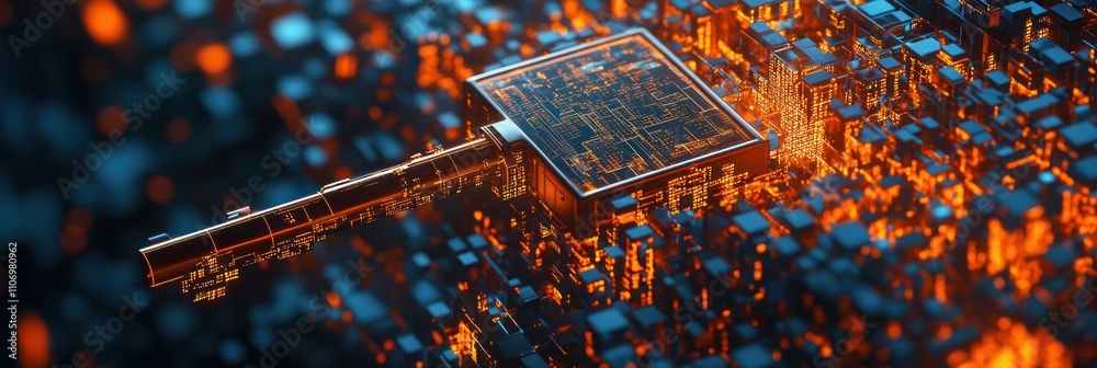 Aufkleber a digital representation of a large key amidst glowing, pixelated structures.