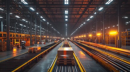 Obraz premium Large warehouse interior showcasing logistics efficiency with automated systems and organized pallets in a modern distribution center