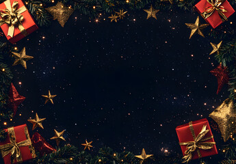 Christmas - themed background with star and gift box decorations, a large black rectangle in the middle for text