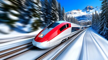 Obraz premium Futuristic high-speed train racing through snowy mountain pass