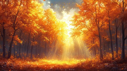 A golden forest with sunlight streaming through the trees, illuminating the yellow and orange hues of autumn