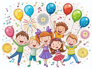 Fototapeta premium Joyful Children Celebrating with Colorful Balloons at a Festive Holiday Party Surrounded by Fireworks and a Vibrant Music Atmosphere