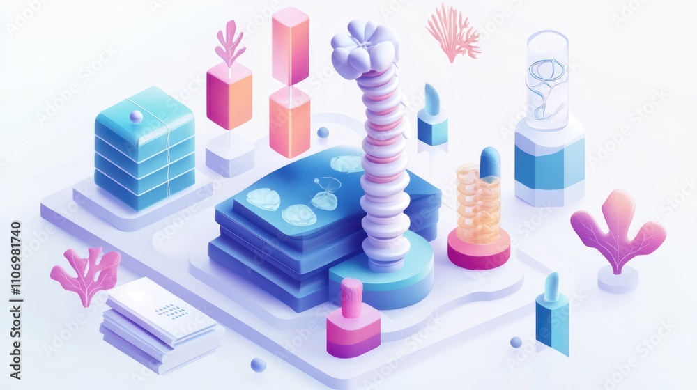 Poster a colorful, abstract 3d representation of a modern workspace or creative environment.