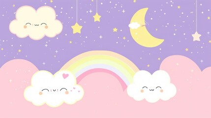 Fototapeta premium Cute Night Sky With Smiling Clouds and Rainbow