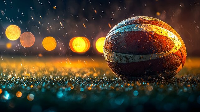 A Close-Up of a Rugby Ball Rolling Across Wet Grass with Raindrops and Blurry Lights in the Background Creating a Dynamic Sports Atmosphere - Powered by Adobe