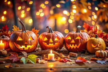 Fototapeta premium Joyful Halloween Celebration with Jack-o'-lanterns, Spooky Decorations, and Festive Atmosphere Captured in Candid Photography for a Memorable Autumn Experience