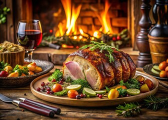 Juicy Oven-Roasted Pork Joint with Fresh Herbs and Vegetables for a Delicious Dinner Table Setting in a Cozy Home Environment
