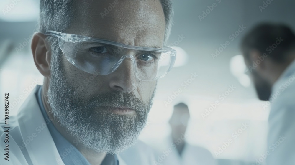 Aufkleber a focused scientist in a lab setting, wearing safety goggles and a lab coat.