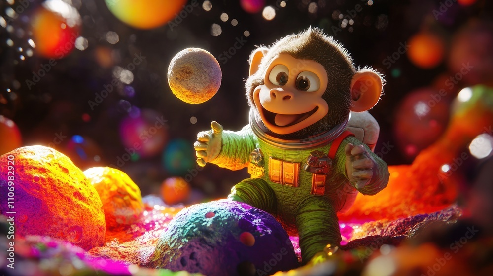 Poster A cheerful monkey astronaut plays with colorful orbs in a vibrant cosmic scene.