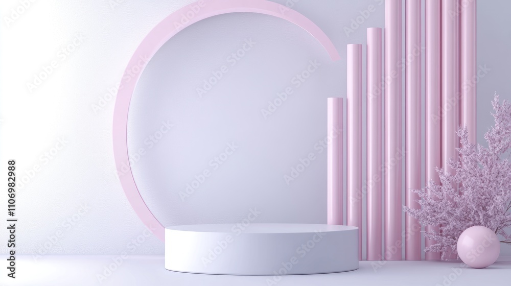 Aufkleber A minimalist display featuring a circular backdrop, vertical elements, and decorative flora.