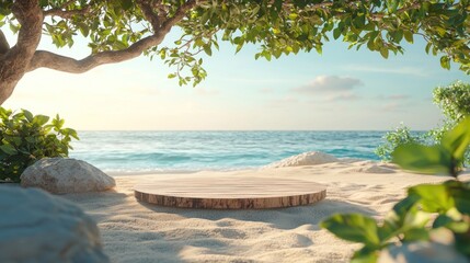 Wooden Platform on a Sandy Beach Under a Tree