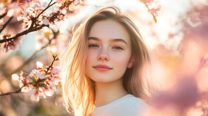 Fototapeta premium Young woman surrounded by cherry blossoms in springtime sunlight