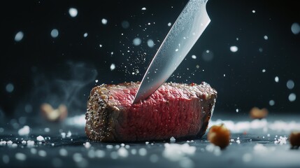 Slicing perfectly cooked steak culinary kitchen food photography dark mood close-up shot