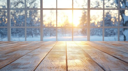 Wooden Tabletop Against Blurred Winter Window View