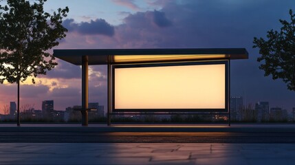 Obraz premium Modern Bus Stop at Dusk: Illuminated Billboard and City Skyline