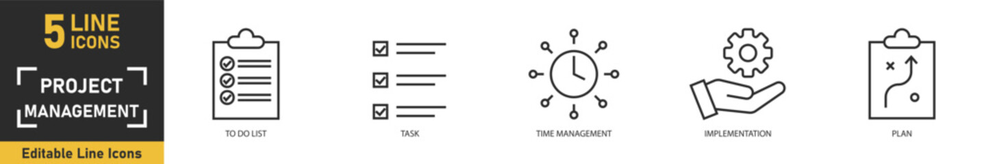 Project Management line icon set. Set of 5 outline icons related to task, to do list, time management, implementation, plan and more. Vector illustration.