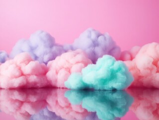 Fototapeta premium Soft pastel cotton candy clouds reflect gently on a serene surface, creating a dreamy, whimsical atmosphere.
