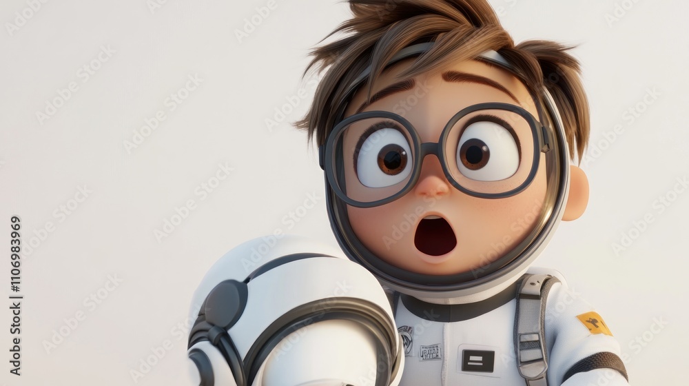 Poster a surprised child in a spacesuit, gazing at a robot companion in a whimsical scene.