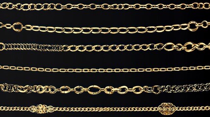 Six Gold Chains of Different Styles on a Black Background