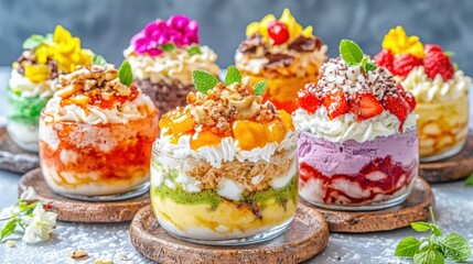 Obraz premium Bright atmosphere captivating close-up of colorful parfaits in kitchen food photography