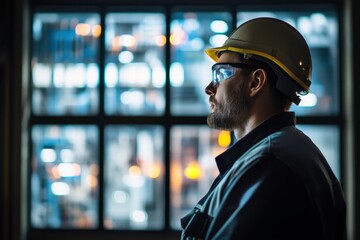 Professional Construction Worker in Safety Gear Contemplating Future Projects with Industrial Background and Bokeh Lights Enhancing the Technological Ambiance