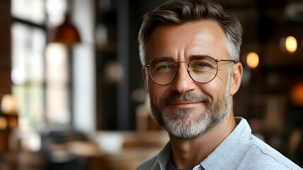 Obraz premium Mature Man Smiles Confidently, Wearing Glasses; Positive Lifestyle Portrait