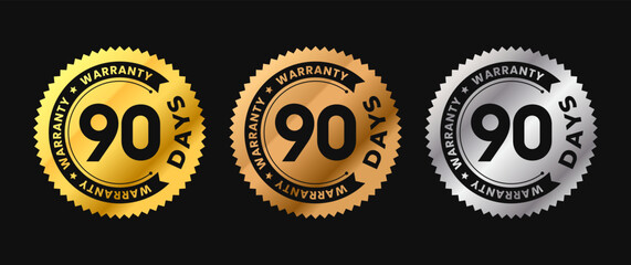 90 Days warranty icon in gold circle with circular text. Ninety months warranty label in gold, bronze, silver colors. Vector illustration