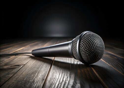 Black Microphone on Wooden Floor - Professional Karaoke & Singing Mic Product Photography