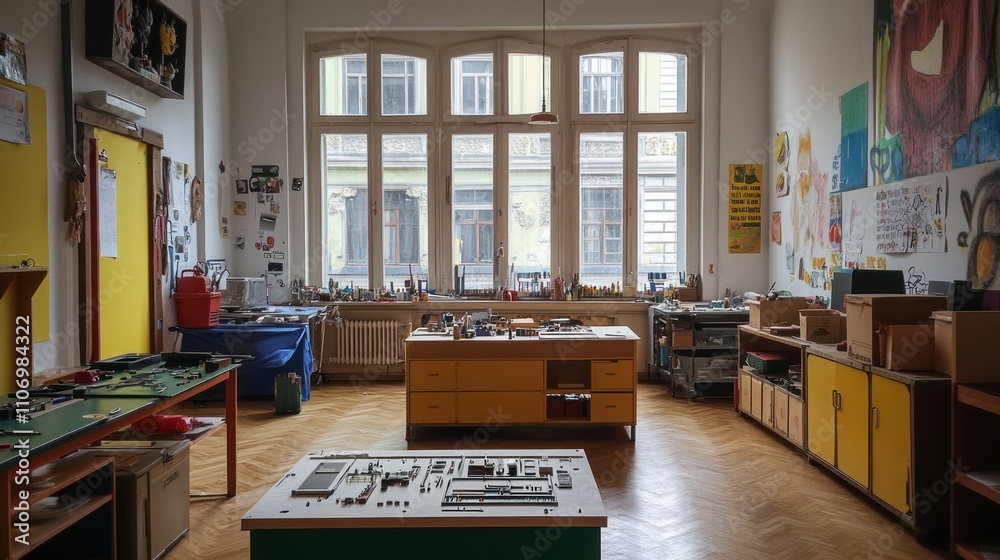 Poster A spacious workshop filled with tables and tools for creative projects and activities.