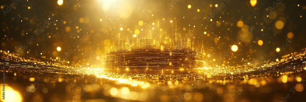 Aufkleber a shimmering golden landscape with sparkling lights and a central illuminated structure.