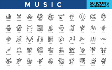 Music icon set with equalizer, spotlight, audience, crowd, fan, fanfare, applause, encore, rehearsal, practice icon. Simple handdrawn vector   © Gravisio