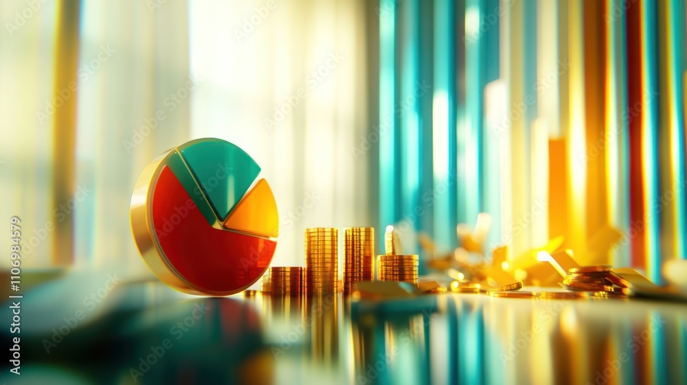 Poster a colorful pie chart next to stacks of coins, symbolizing financial analysis and growth.