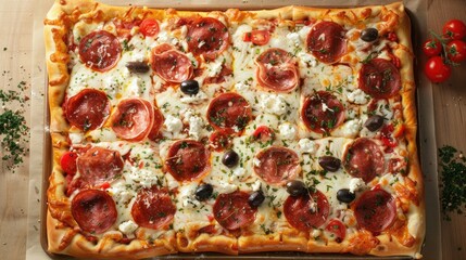 Top view of rectangular Italian fast-food pizza with mozzarella, salami, olives, and tomatoes on a table.