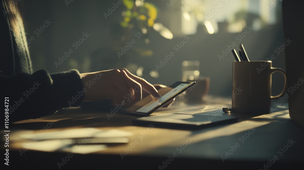 Poster a person using a tablet in a cozy, sunlit workspace with plants and a mug.