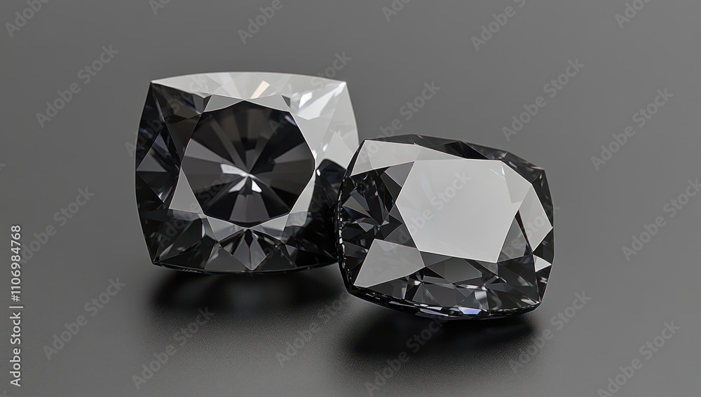 Poster two sparkling black diamonds displayed on a sleek surface.