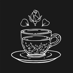 Glass cup of tea, rose. Hand drawn vector illustration in outline style.