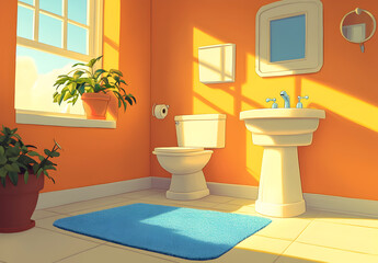 A bathroom scene with a toilet and sink, depicted in a children's cartoon style.