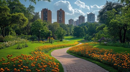 Obraz premium A green city park with flowers, trees, and buildings along a curved brick road
