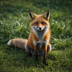 Fototapeta premium A playful fox crouching in a patch of lush green grass, its tail curling slightly.