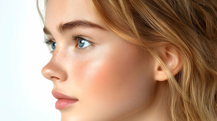 Obraz premium Stunning Blonde Woman's Profile, Beauty, Freckles, Light Makeup, Natural Look, Close Up, Soft Lighting, Perfect Skin